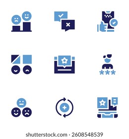 Feedback icon set. Bold style. Duotone colors. survey, review, opinions, chat, rating, opinion, user, feedbackloop, star.