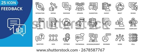 Feedback icon set collection in outline style. Icon pack contains feedback, review, comment, rating, response, opinion, suggestion, react, reputation, appraisal