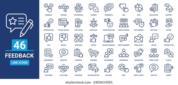 Juego de iconos de comentarios. Contiene iconos de revisión, satisfacción, calificaciones, opinión, encuesta y evaluación de los clientes. Colección de iconos de vector de contorno.