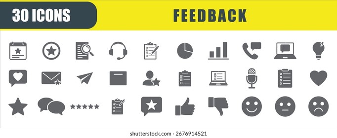 Ícone de comentários definido. Contendo ícones de estrela, opinião, classificação, como calendário, bolhas de bate-papo e gráfico. Coleção de ícones do Solid. Ilustração vetorial.