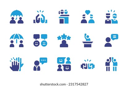 Feedback icon set. Duotone color. Vector illustration. Containing umbrella, agreement, hug, friends, insurance, review, rating, friendship, customer question, high five, customer support.