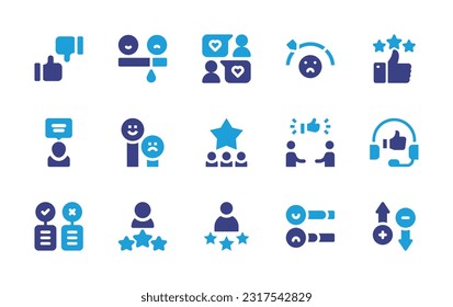 Feedback icon set. Duotone color. Vector illustration. Containing feedback, survey, unsatisfied, positive review, review, star, suggest, good review, pros and cons, rating, customer satisfaction.