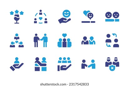 Juego de iconos de comentarios. Color de duotona. Ilustración vectorial. Tasa de contención, amistad, felicidad, satisfacción, satisfacción del cliente, relación, amigos, empleado, apoyo, abrazo, apretón de manos.