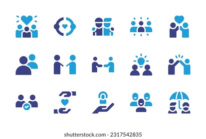 Feedback icon set. Duotone color. Vector illustration. Containing love, friendship, group, users, handshake, idea, high five, heart, care, friends.