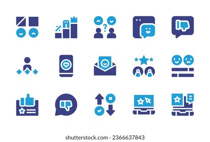 Juego de iconos de comentarios. Color de duotona. Ilustración vectorial. Con clasificación, revisión, clasificación, satisfacción del cliente, evaluación, estrella, como, por ejemplo, abajo, la mejor experiencia del cliente.