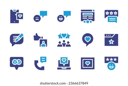 Feedback icon set. Duotone color. Vector illustration. Containing bad review, good review, social media addiction, rating, review, write, feedback, speech bubble, love.