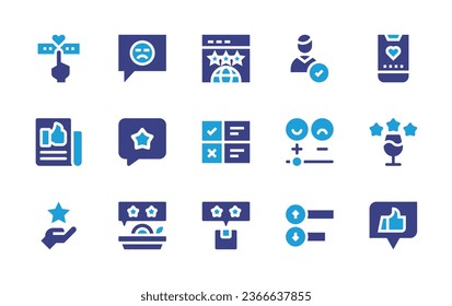 Feedback icon set. Duotone color. Vector illustration. Containing checklist, rating, user, like, satisfied, rate, bad review, website, report, food, delivery box, star.