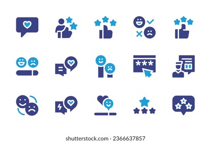 Feedback-Symbol-Einstellung. Duotonfarbe. Vektorgrafik. Mit Chat, Rezension, Bewertung, zum Beispiel, Buch, beste Kundenerfahrung, Engagement, Zufriedenheit, Star.