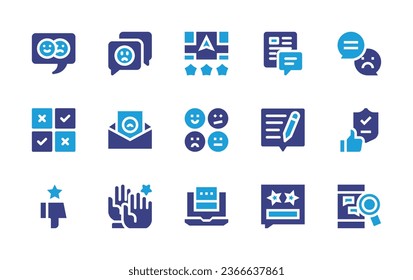 Feedback icon set. Duotone color. Vector illustration. Containing blog, review, feedback, trust, bad rating, quality, satisfaction, accountable, thumbs down, chatting, chat box, rating.