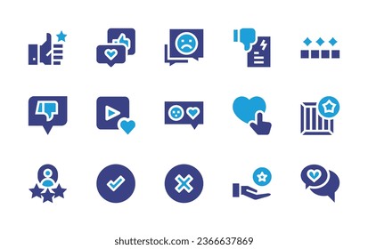 Feedback icon set. Duotone color. Vector illustration. Containing like, bad review, favorite, acknowledgement, smileys, dislike, complaint, rating, love, satisfaction, yes, no, rate, star. 