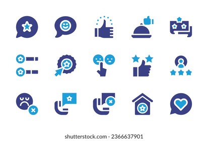 Feedback icon set. Duotone color. Vector illustration. Containing thumbs up, quality control, good review, like, favorite, favourite, rating, call, evaluate, review, star, chat.