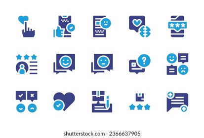Feedback icon set. Duotone color. Vector illustration. Containing brain, review, rating, complaint, like, survey, opinions, satisfaction, positive comment, good review, neutral, favorite.