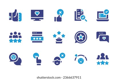 Feedback icon set. Duotone color. Vector illustration. Containing document, check, like, dislike, thumb up, bad review, best customer experience, unsatisfied, love, best employee, rating stars.