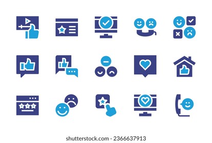 Feedback-Symbol-Einstellung. Duotonfarbe. Vektorgrafik. Mit z.B. Immobilien, Rezension, überprüft, Emotionen, Video, Lob, Telefonanruf, Ausdruck, Bewertung, Liebe, Kundenzufriedenheit, Bewertung.