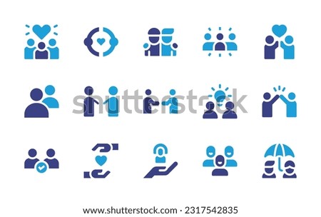 Feedback icon set. Duotone color. Vector illustration. Containing love, friendship, group, users, handshake, idea, high five, heart, care, friends.