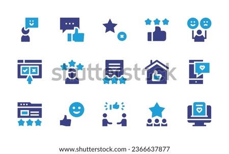 Feedback icon set. Duotone color. Vector illustration. Containing comment, rating, review, customer satisfaction, online survey, like, thumb up, customer behavior, smartphone, happy client, suggest.