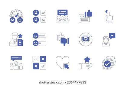 Feedback icon set. Duotone style line stroke and bold. Vector illustration. Containing feedback, comment, like, chat bubble, meter, review.