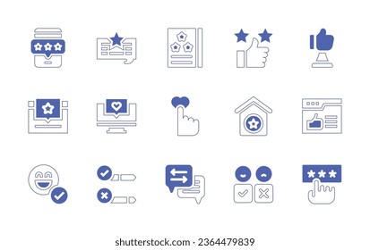 Juego de iconos de comentarios. Curso de línea de estilo duotónico y negrita. Ilustración vectorial. Conteniendo revisión, favorito, premio, estrella, pulgares arriba, valoración, opinión, como, control de calidad, estrellas, retroalimentación, cliente.