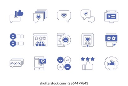 Feedback icon set. Duotone style line stroke and bold. Vector illustration. Containing customer satisfaction, like, settings, rating, love message, feedback, survey, file, messages, negative review.