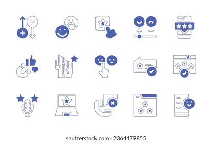 Feedback icon set. Duotone style line stroke and bold. Vector illustration. Containing review, customer satisfaction, satisfied, evaluation, rating, call, good comment, magnet, accountable, podcast.