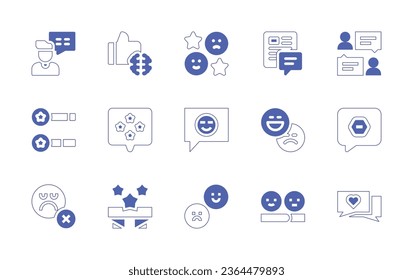 Feedback-Symbol-Einstellung. Duotone Stil Linie Strich und fett. Vektorgrafik. Mit Bewertung, Smileys, Löschen, gute Überprüfung, Kundenzufriedenheit, Chat, Bewertung, Sterne, Überprüfung, Blog, Feedback.