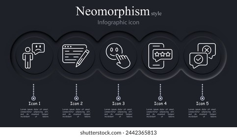 Feedback icon set. Emoji, sadness, joy, message, smartphone, rating, three stars. Neomorphism style. Vector line icon for business and advertising