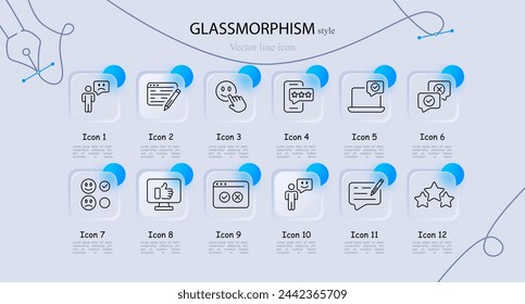 Conjunto de iconos de votos. Emoji, sitio web, marca de verificación, cruz, clasificación, estrellas, revisión, portátil, monitor, como. Estilo de morfismo de vidrio. Icono de línea vectorial para negocios y publicidad