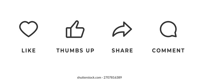 Feedback icon set. Heart, thumbs up, share arrow and comment bubble vector illustration. Clean outline style for media apps symbol. Minimal interface elements for user interaction sign.