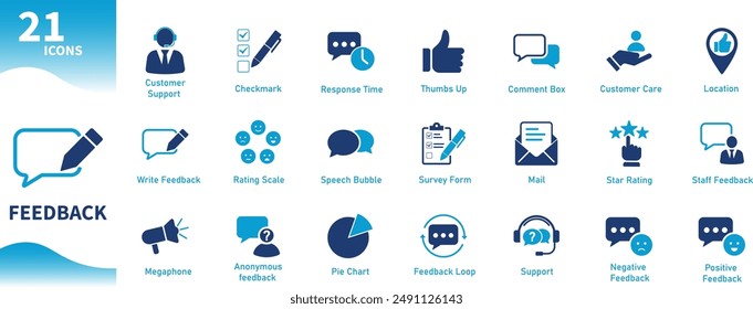 Feedback icon. Set of icons for reviews, customers, satisfaction, emotions, survey form, chat bubble, customer support. Solid vector icon