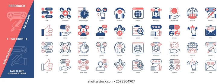 Feedback icon set. Influencer, Social Media, Rating, Support, Survey, Email, Opinion, Quick Response. Duotone color solid and editable outline icons