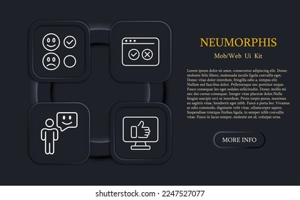 Feedback icon set. Like, dislike, box, rate the service, clipboard with checkmark, rating, stars, clipboard with thumbs up. Feedback concept. Neomorphism style. Vector line icon for Business