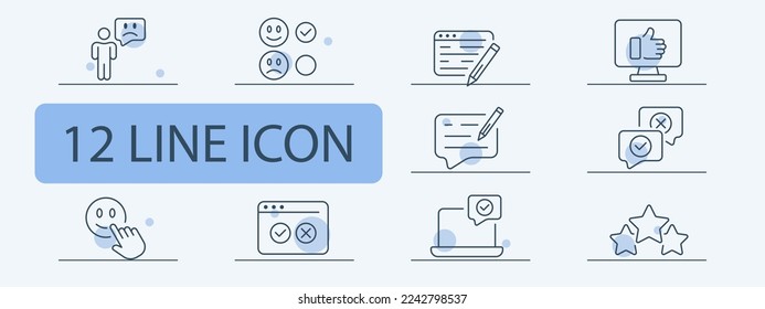 Feedback icon set. Rate the service, clipboard with checkmark, like, dislike, box, rating stars, thumbs up. Feedback concept. Pastel color background. Vector 12 line icon for business