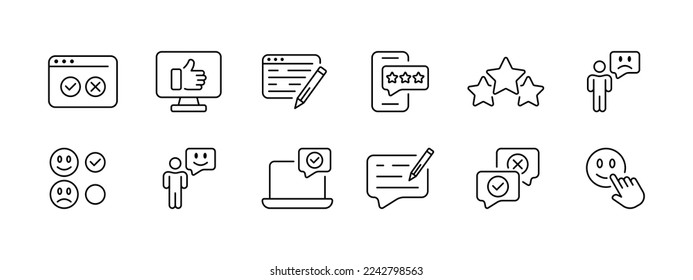 Feedback icon set. Rate the service, clipboard with checkmark, like, dislike, pie chart, check list, box, rating stars, thumbs up. Feedback concept. Vector line icon on white background