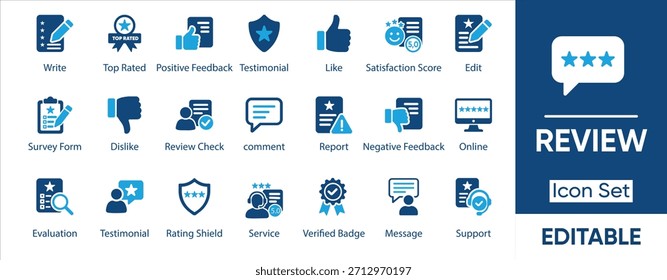 "Conjunto de iconos de revisión y Comentarios: calificación, testimonio, evaluación, símbolos de satisfacción del Cliente" colección de iconos de vectores sólidos.