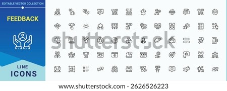 Feedback icon set. Review icon. Collection for mobile and web apps. Contains outline symbols like comment, opinion, review, emotion, survey, satisfaction. Editable stroke. Pixel Perfect.