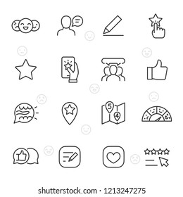 Feedback, icon set. Testimonials and evaluation social network user, linear icons. Line with editable stroke