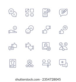 Feedback icon set. Thin line icon. Editable stroke. Containing review, feedback, write, sad, evaluation, rating, like, best employee, meter, positive review, survey, opinion.