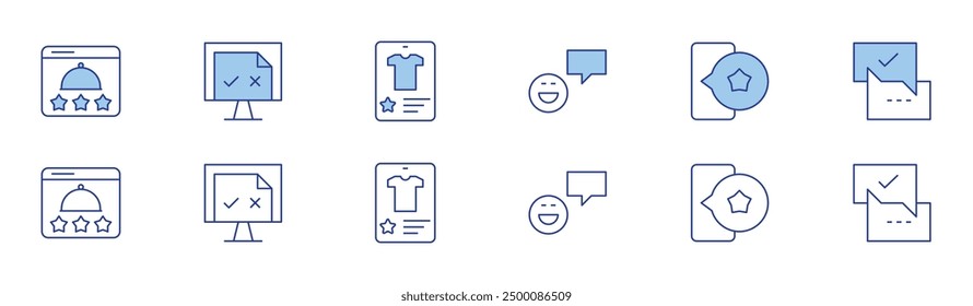 Feedback icon set in two styles, Duotone and Thin Line style. Editable stroke. restaurant, good review, computer, phone, positive review, feedback.