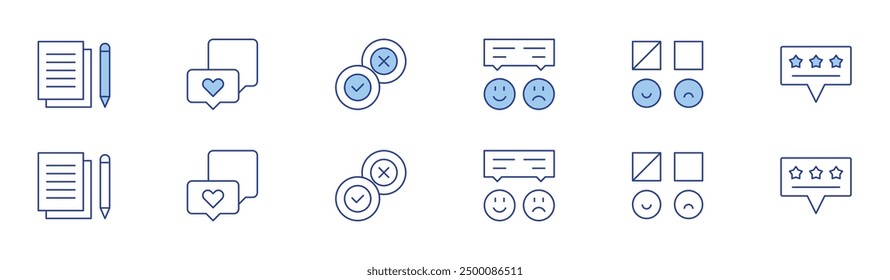 Feedback icon set in two styles, Duotone and Thin Line style. Editable stroke. review, write, like, rating, evaluation.