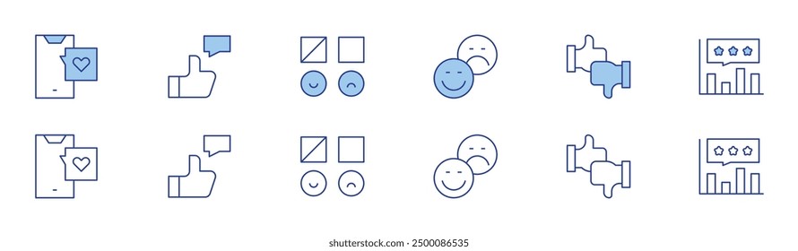 Feedback icon set in two styles, Duotone and Thin Line style. Editable stroke. evaluation, like, social media addiction, thumbs up, rating, review.