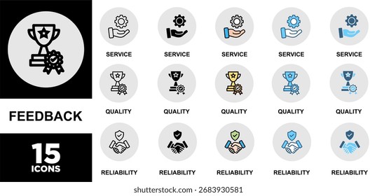  Ícone de feedback definido com vários estilos e cores de satisfação, cliente, classificação, qualidade, comentário, serviço e confiabilidade	