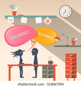 Feedback Icon - Symbol. Vector Illustration of Man and Woman in Office.