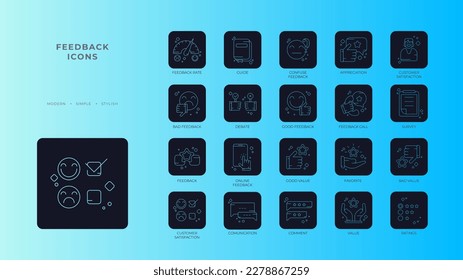 Feedback Icons with black filled outline style. Thin line icon related to feedback, rating, testimonials, quick response, satisfaction and more. Simple web icon. Vector illustration