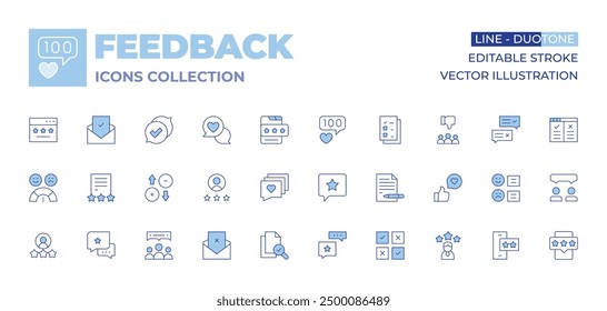 Feedback icons collection. Line Duotone style, editable stroke. love message, feedback, satisfaction, smartphone, document, rating, file, dislike, letter, likes, testimony, opinion, review.