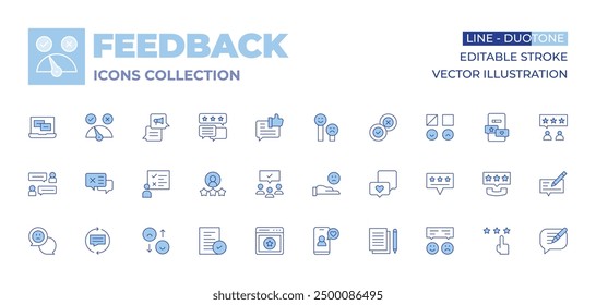 Feedback icons collection. Line Duotone style, editable stroke. feedback, review, bad feedback, rating, survey, write, like, audience, bad review, user, sad.
