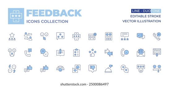 Feedback icons collection. Line Duotone style, editable stroke. customer behavior, feedback, rating, testing, shift, negative review, star, like, checklist, review, email, good feedback.