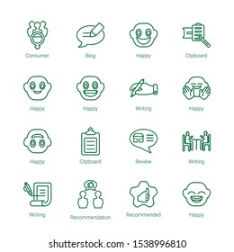 feedback icons. Editable 16 feedback icons. Included icons such as Consumer, Blog, Happy, Clipboard, Writing, Review, Recommendation, Recommended. feedback trendy icons for web.
