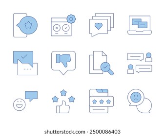 Feedback icons. Line Duotone style, editable stroke. love message, rating, good review, testing, feedback, bad review, document, phone, user.