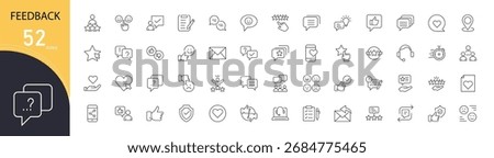 Feedback icons set with chat, survey, review, rating, comment, suggestion, response, customer, evaluation, and opinion symbols. Outline style, ideal for business, service, and communication projects.