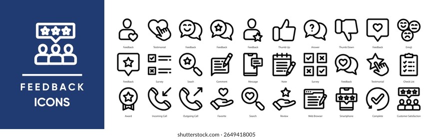 Ícones de comentários definem a coleção. Incluindo depoimentos, revisões, pesquisas e respostas do usuário. Perfeito para atendimento ao cliente, interfaces UX, sistemas de classificação e plataformas de comunicação.